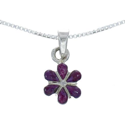 Southwest Magenta Turquoise Flower Inlay Sterling Silver Box Chain Necklace Set JX129097